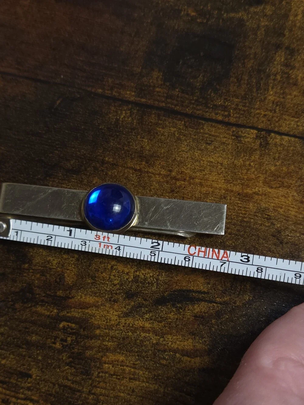 Vintage Gold Plated Cobalt Blue Glass Cabochon Tie Bar Clip or Money Clip